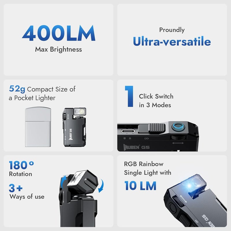 WUBEN مصباح يدوي قابل لإعادة الشحن G5 EDC، 400 لومن مصادر ضوء مزدوجة مصباح يدوي صغير مع ضوء RGB، مصابيح جيب مسطحة محمولة، مصباح يدوي بسلسلة مفاتيح مغناطيسية للطوارئ المنزلية والخارجية (أسود) - Image 2